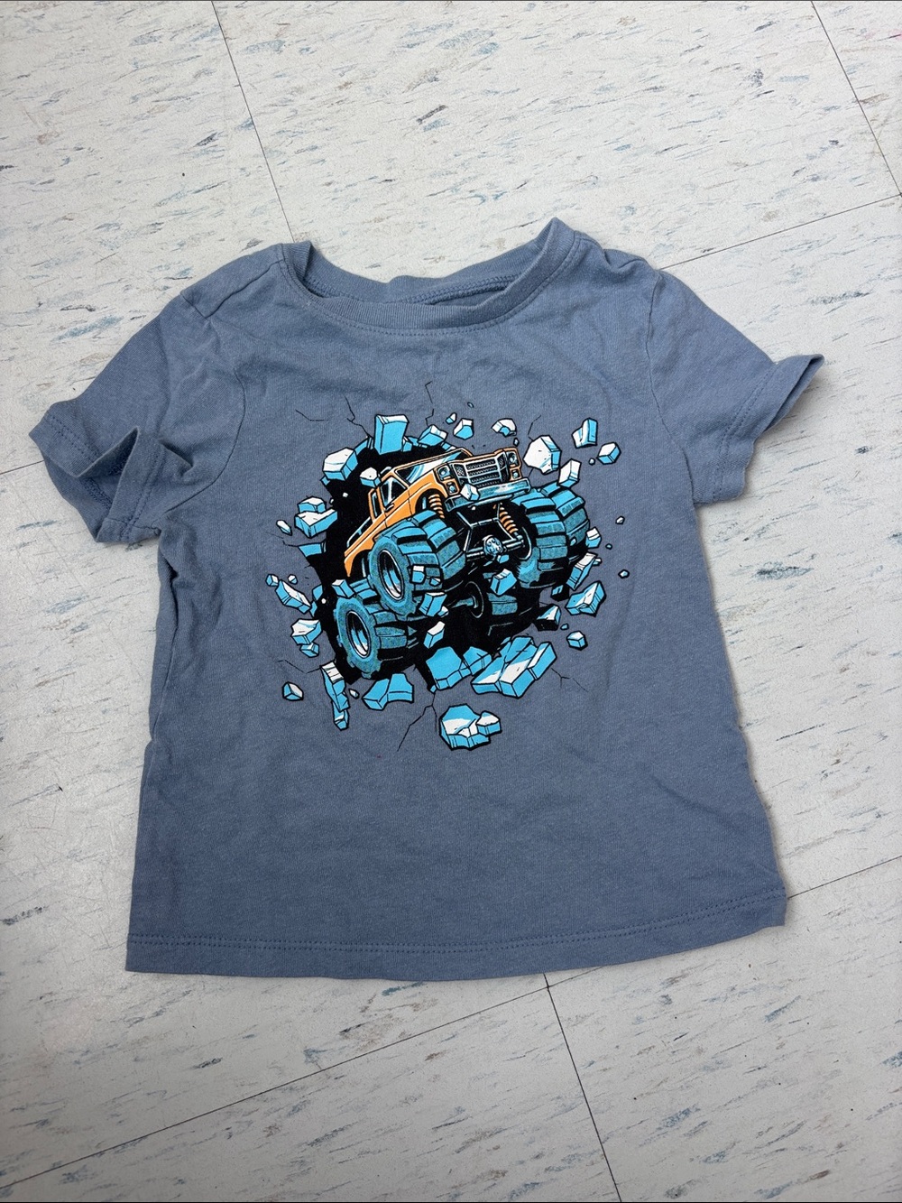 Old Navy Slate Blue Tee with Orange & Light Blue Monster Truck Graphic